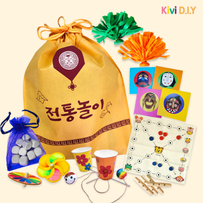 [키즈비전] 전통놀이 만들기 6종세트 딱지 윷놀이 제기 팽이 죽방울 공기