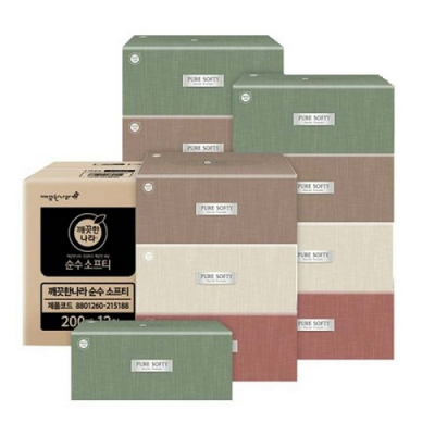 [깨끗한나라] 2겹 천연펄프 순수 소프티 미용티슈 200매 X 12입 알뜰구성