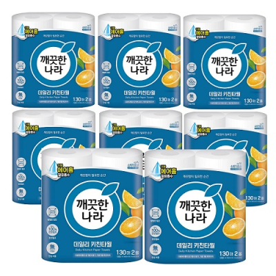 [깨끗한나라] 2겹 천연펄프 더블에어홀 데일리 130매 2롤X8팩 키친타올 녹색인증포장재