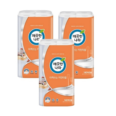 [깨끗한나라] 2겹 천연펄프 데일리 아껴쓰는 140매 8롤X3팩 합24롤 키친타올