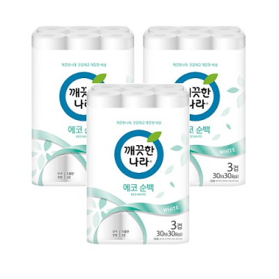 [깨끗한나라] 3겹 에코순백 30m 30롤X3팩 합90롤 롤화장지