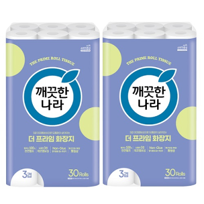 [깨끗한나라] 3겹 천연펄프 글루리스 엠보 더 프라임 25m 30롤 X 2팩 합60롤