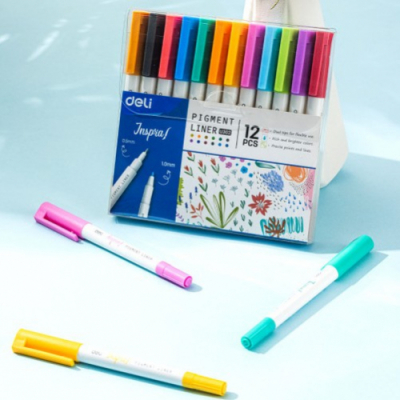 [델리] 트윈팁 네임펜 12색 세트 듀얼(1.0mm/0.5mm)