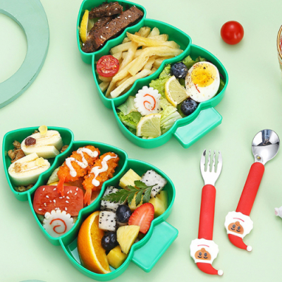 [키즈비전] 크리스마스 트리3단 접시 수저포크 세트